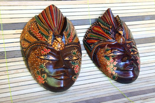 Hand crafted wooden masks work the Gunung Kidul Yogyakarta and sold for souvenir photos