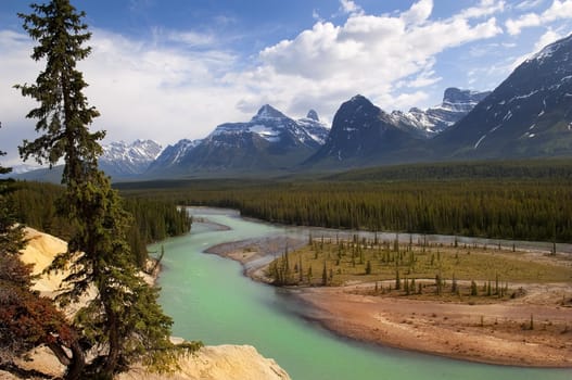 the river flowing at the foot of the Canadian Rockies