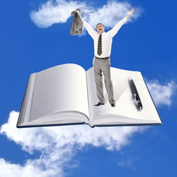 Happy businessman and book over blue sky background