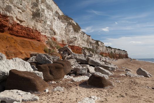 Red and white limestone cliffs at the Hunstanton Beach, Norfolk, England