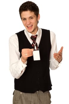 man showing his badge at the entrance of meeting room of a conference