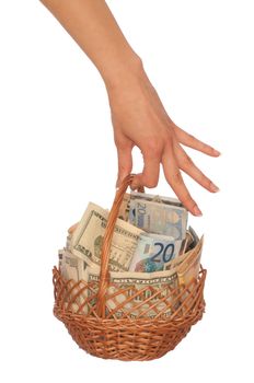 businesswoman owns the dual currency  basket with dollars and euro for stable business