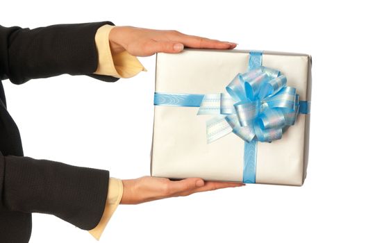 Woman holding a grey box with blue bow as a present