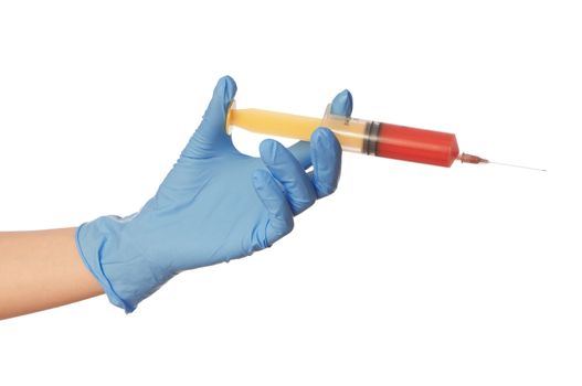 Woman use syringe with a new synthetic antibiotic mixed with blood for escape from reality