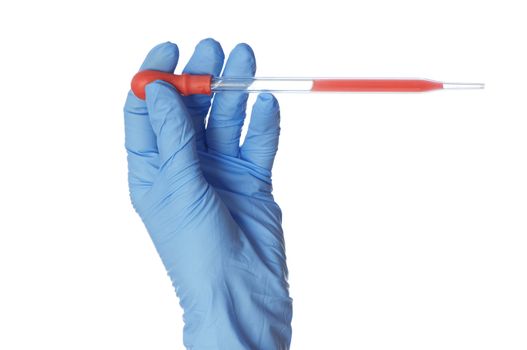 Doctor in blue gloves will be carry out research a samples of bloods at inhabitants of coast on availability of poisoning