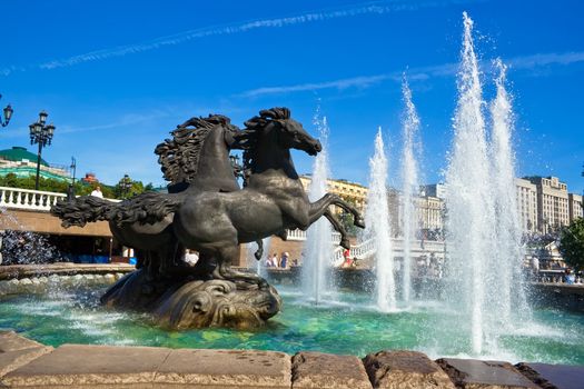 Fountain and monument of three horses on the Manejnaya square in Moscow