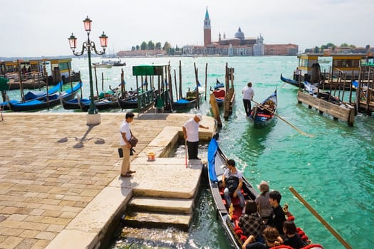 Traditional gondolas on the canal in Venice, Italy