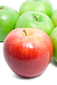 Red and green apples on white