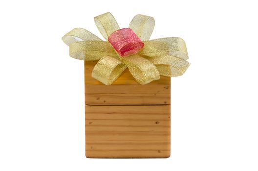 golden  bow and  wooden box on white