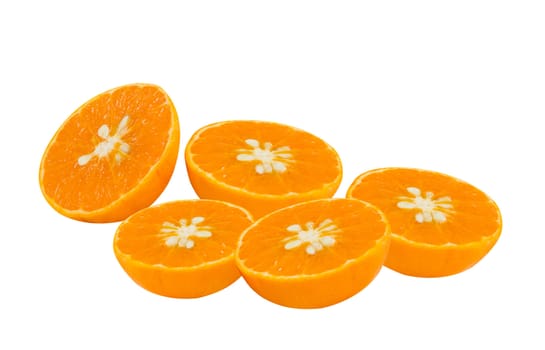 orange sliced in half on white , healthy fruits
