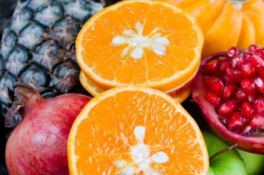close up of fresh various tropical fruits
