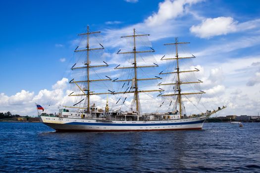 A Russian state sailing ship anchored in Neva river, Saint Petersburg. 