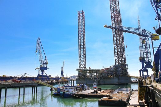 Offshore drilling platform in repair in shipyard