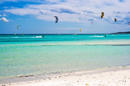 kitesurfers gliding at high speed around the beach la Cinta, Sardinia