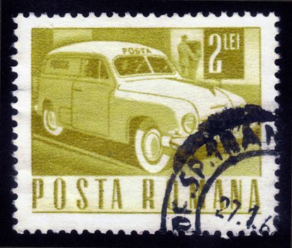 ROMANIA - CIRCA 1967: A stamp printed in Romania shows ancient post car, circa 1967