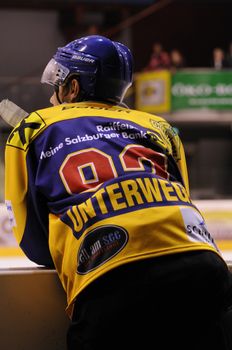 ZELL AM SEE; AUSTRIA - AUG 30: Austrian National League. Clemens Unterweger of Zell am See on the players bench. Game EK Zell am See vs KAC II (Result 2-3) on August 30, 2011 in Zell am See.