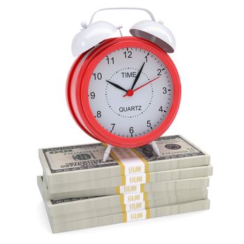 Stacks of dollars and a red alarm. Isolated render on a white background