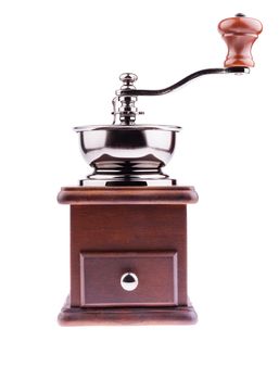 Wooden coffee grinder isolated on white background