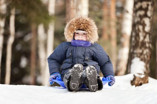 Little smiling child boy sled tobogganing on winter snow hill