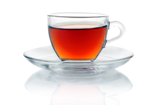 Cup of hot black tea isolated on white background