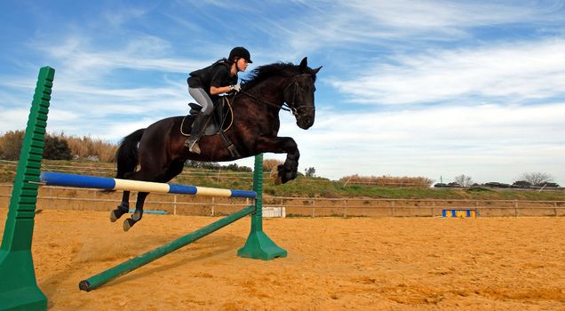 a young teenager and her black stallion in a training of jumping