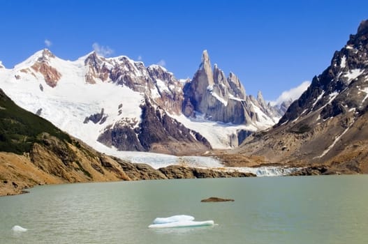 very nice view to the top of Fitz Roy, Argentina, from the glacial lake