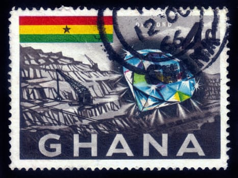 GHANA - CIRCA 1957: A stamp printed in Ghana shows image of beautiful diamond and  diamond mining , series, circa 1957