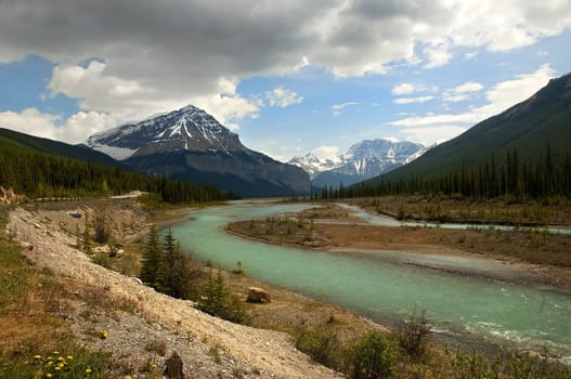 the river flowing at the foot of the Canadian Rockies , Alberta , Canada