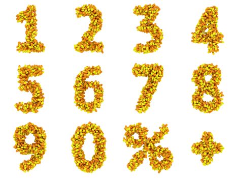 Numbers and math symbols made from medical capsules