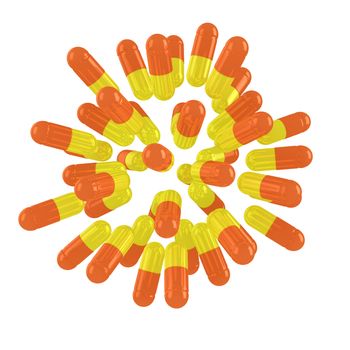 Yellow-orange pills exploding on the white background