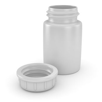 Open plastic pill container on the white background