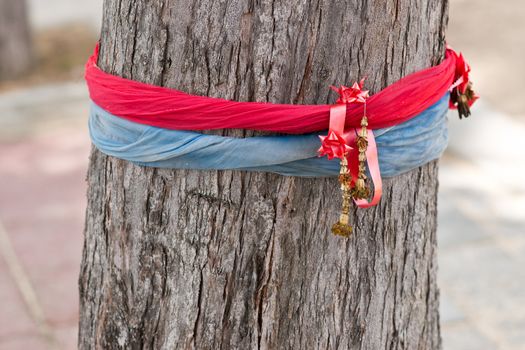 Red and blue sacred ribbons on the tree