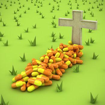 Cross on the grave made from pills