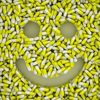 Happy smile made from many yellow pills, wellness concept