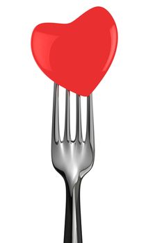 Fork with red heart isolated on the white background