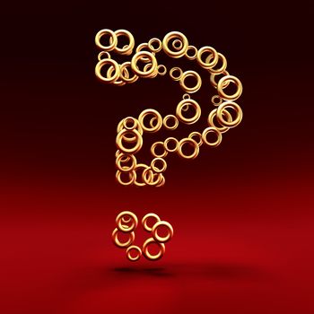 Question mark made of golden rings on the red background