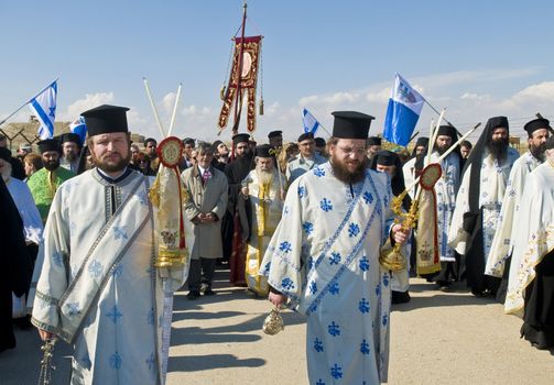 QASER EL YAHUD , ISRAEL - JAN 18 : The greek orthodox patriarch participates in the baptising ritual during the epiphany at Qaser el yahud , Israel in January 18 2012