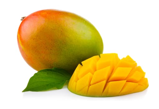 Fresh mango fruit with cut and green leafs isolated on white background 