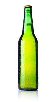 Green bottle of beer isolated on white background