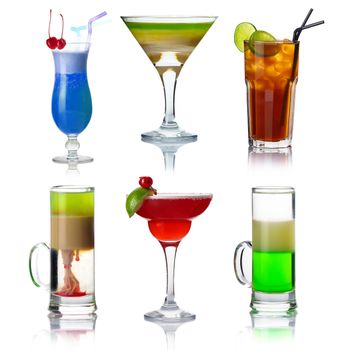 Set of alocohol coctails with fruits isolated on white background