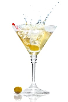 Olive splashing on martini glass isolated on white background