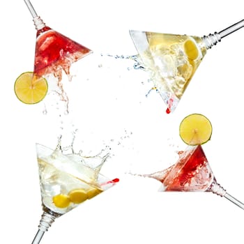 Set of martini cocktails with splash and lime isolated on white 