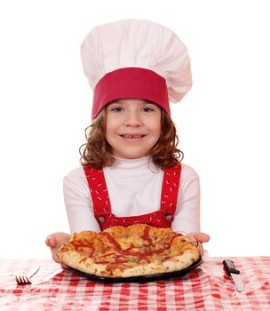 beautiful happy little girl with pizza