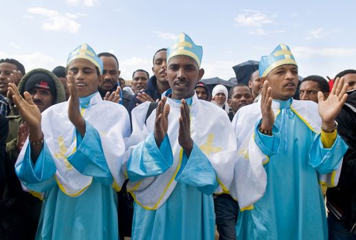 QASER EL YAHUD , ISRAEL - JAN 19 : Unidentified Ethiopian orthodox Christians  participates in the baptising ritual during the epiphany at Qaser el yahud , Israel in January 19 2012