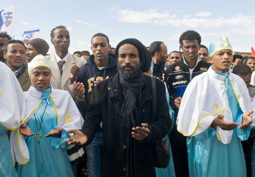 QASER EL YAHUD , ISRAEL - JAN 19 : Unidentified Ethiopian orthodox Christians  participates in the baptising ritual during the epiphany at Qaser el yahud , Israel in January 19 2012