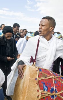 QASER EL YAHUD , ISRAEL - JAN 19 : Unidentified Ethiopian orthodox Christians  participates in the baptising ritual during the epiphany at Qaser el yahud , Israel in January 19 2012