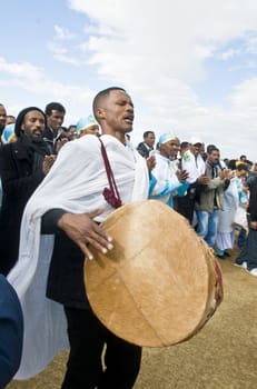 QASER EL YAHUD , ISRAEL - JAN 19 : Unidentified Ethiopian orthodox Christians  participates in the baptising ritual during the epiphany at Qaser el yahud , Israel in January 19 2012