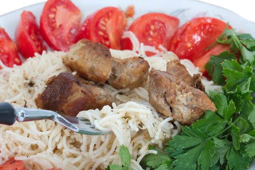 Spaghetti with meat and vegetables, with clipping path 