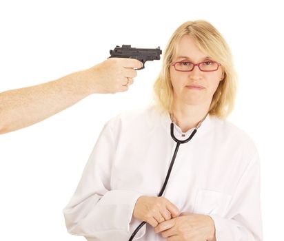 A person hold the doctor at gunpoint