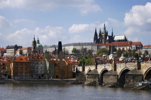 Prague city view with Vltava river, Castle and Charles bridge